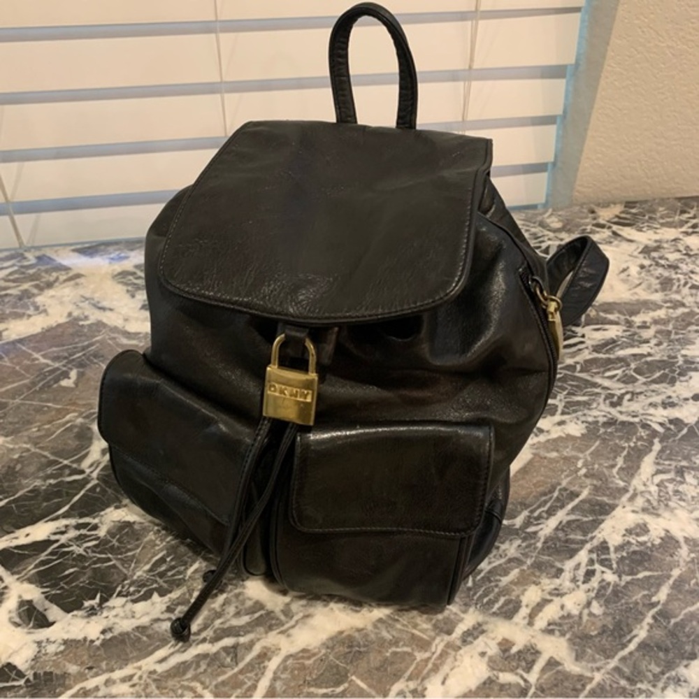 Y2K DKNY Black Leather Backpack Purse – Vintage -Front Pockets & Brass Hardware‎